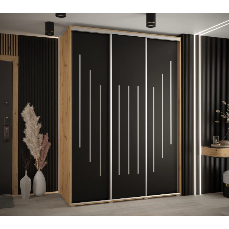 Šatní skříň YVONA 8 - 180/60 cm, dub artisan / černá / stříbrná