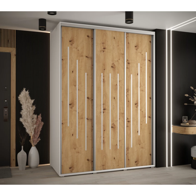 Šatní skříň YVONA 8 - 180/60 cm, bílá / dub artisan / stříbrná