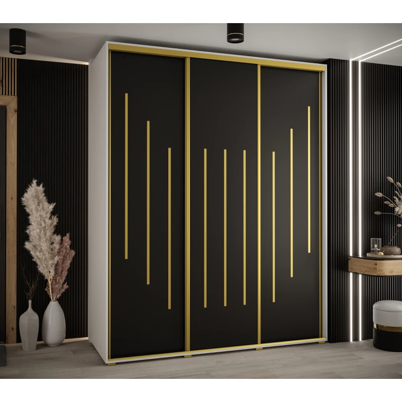 Šatní skříň YVONA 8 - 190/60 cm, bílá / černá / zlatá