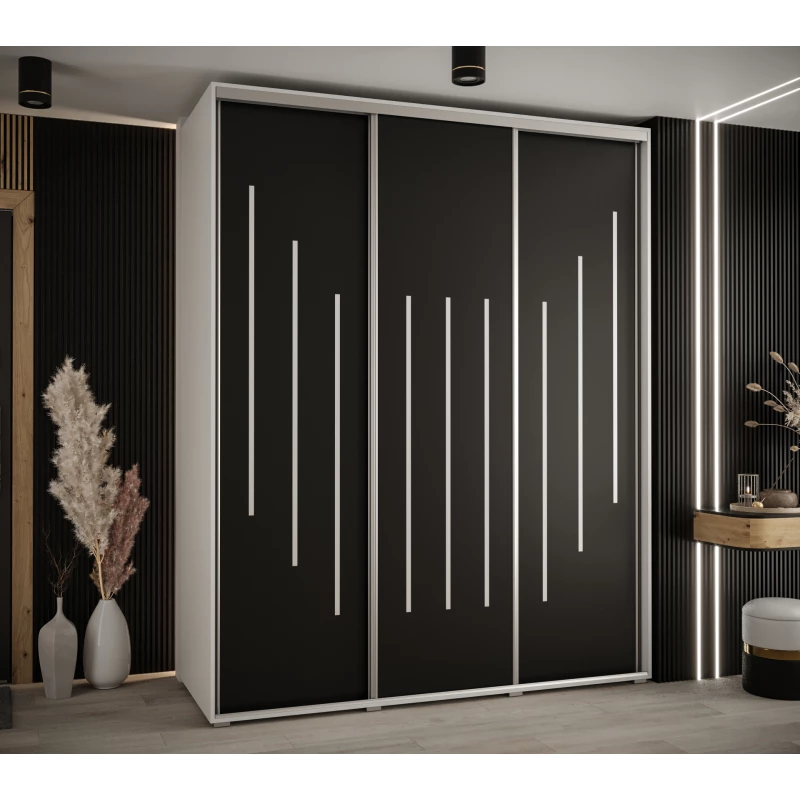 Šatní skříň YVONA 8 - 200/60 cm, bílá / černá / stříbrná