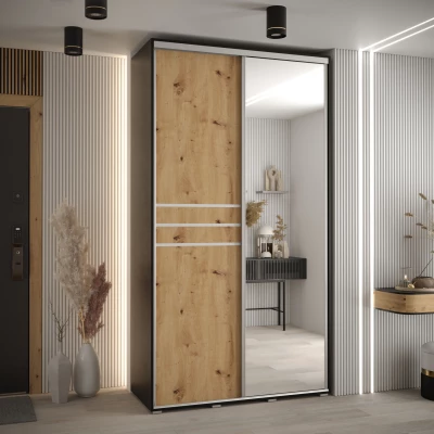 Šatní skříň YVONA 11 - 140/45 cm, černá / dub artisan / stříbrná