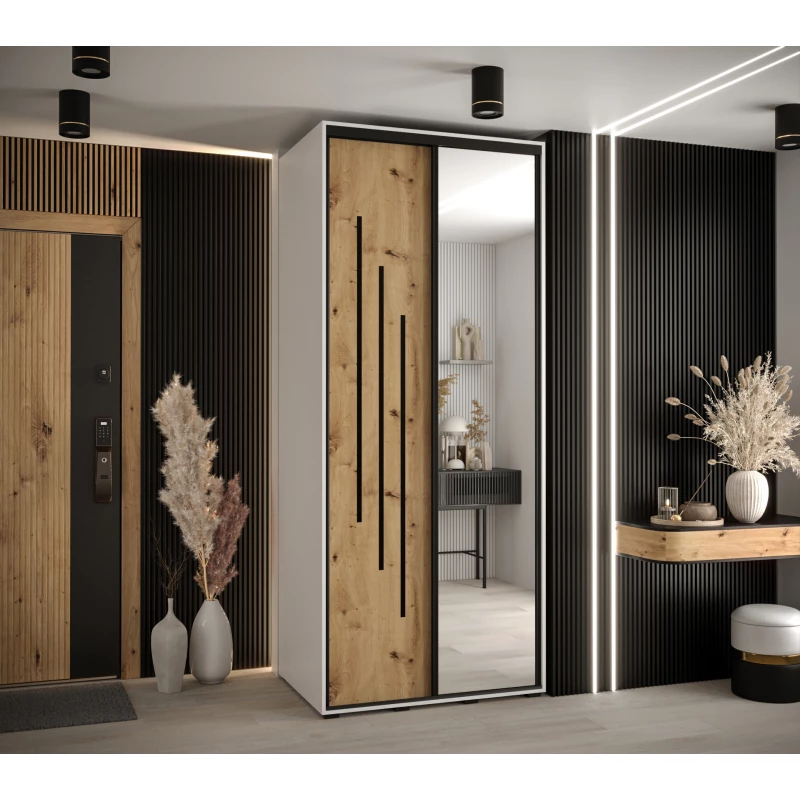 Šatní skříň YVONA 9 - 110/60 cm, bílá / dub artisan / černá