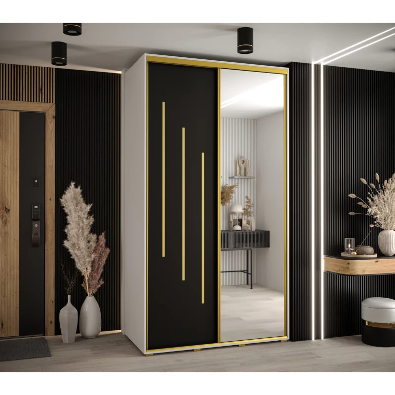 Šatní skříň YVONA 9 - 140/60 cm, bílá / černá / zlatá