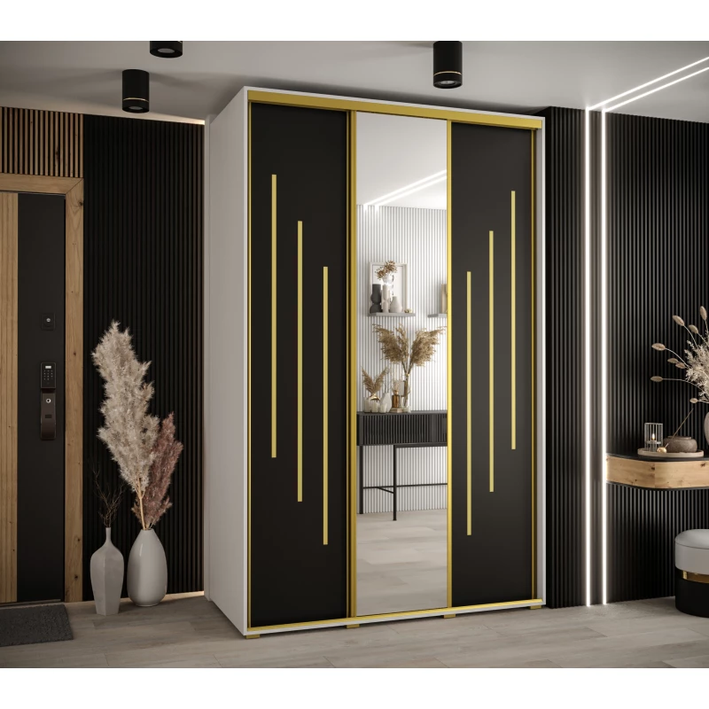 Šatní skříň YVONA 9 - 150/60 cm, bílá / černá / zlatá