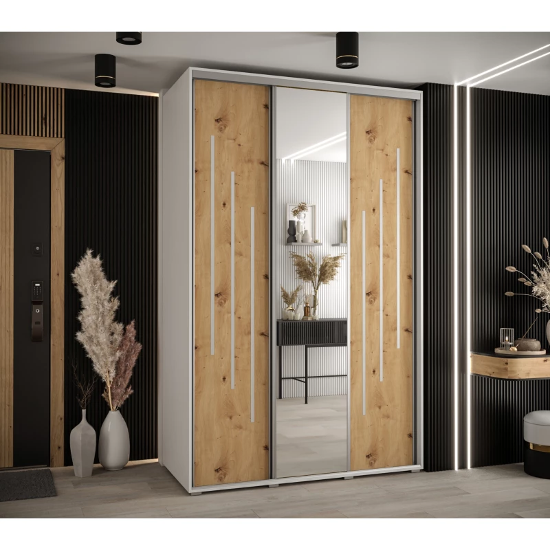 Šatní skříň YVONA 9 - 150/60 cm, bílá / dub artisan / stříbrná