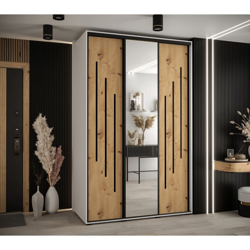 Šatní skříň YVONA 9 - 150/60 cm, bílá / dub artisan / černá