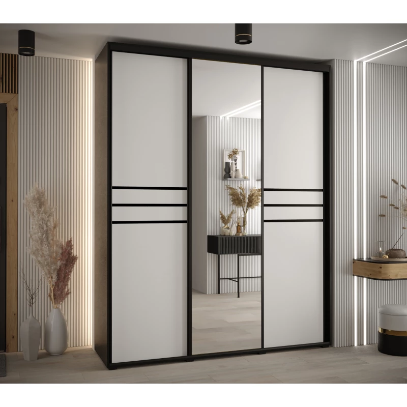 Šatní skříň YVONA 11 - 200/45 cm, černá / bílá / černá