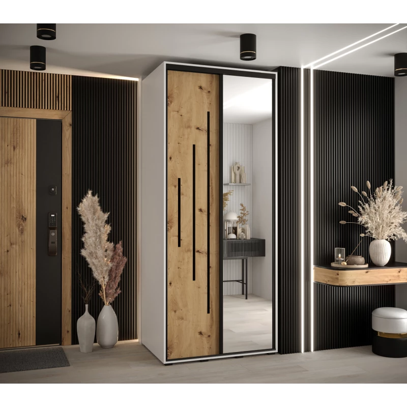 Šatní skříň YVONA 13 - 120/60 cm, bílá / dub artisan / černá