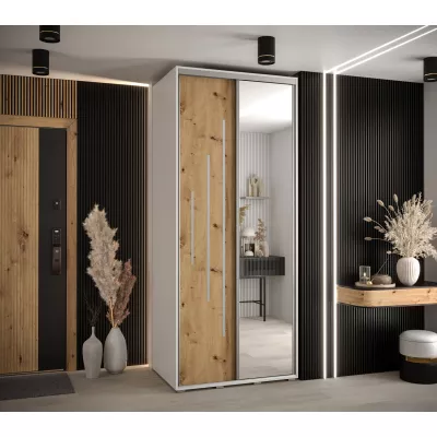 Šatní skříň YVONA 13 - 120/60 cm, bílá / dub artisan / stříbrná