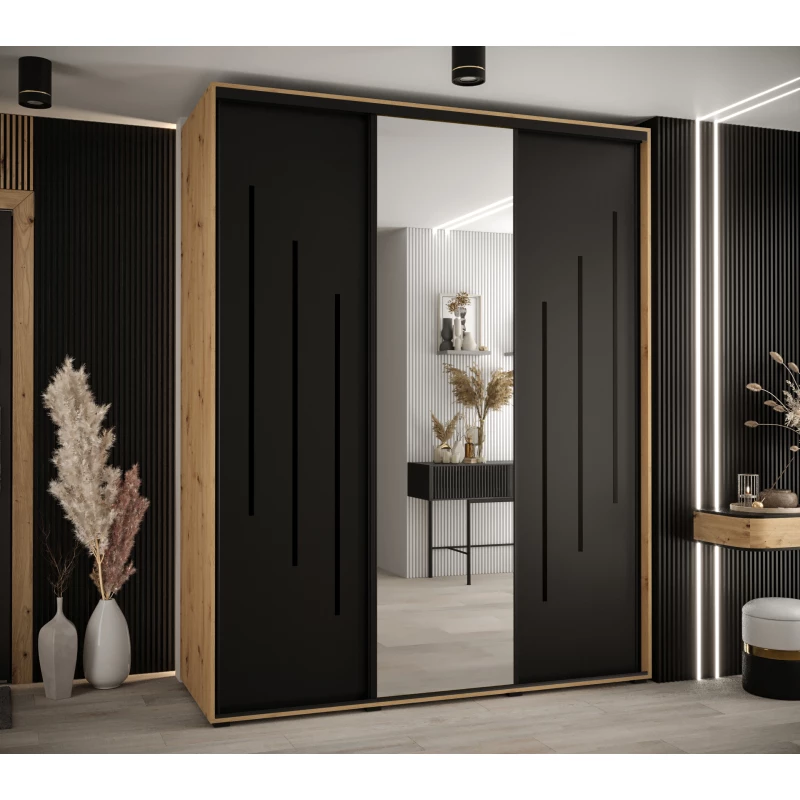 Šatní skříň YVONA 9 - 200/60 cm, dub artisan / černá / černá