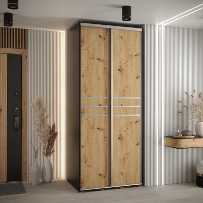 Šatní skříň YVONA 10 - 100/60 cm, černá / dub artisan / stříbrná