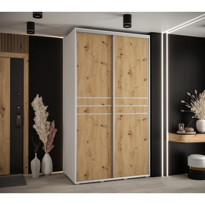 Šatní skříň YVONA 10 - 140/60 cm, bílá / dub artisan / stříbrná