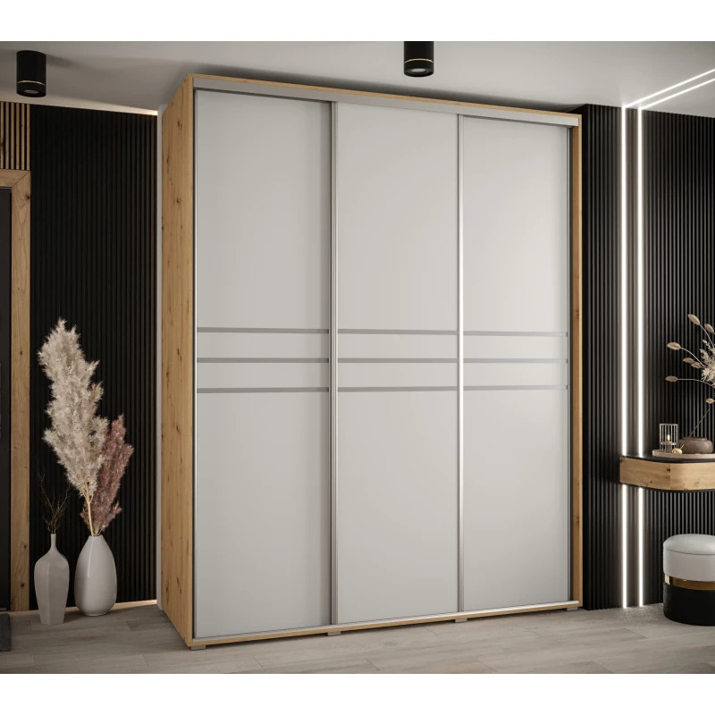 Šatní skříň YVONA 10 - 190/60 cm, dub artisan / bílá / stříbrná