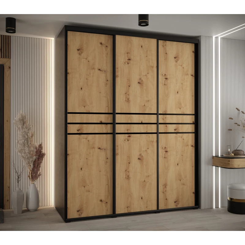 Šatní skříň YVONA 10 - 190/60 cm, černá / dub artisan / černá