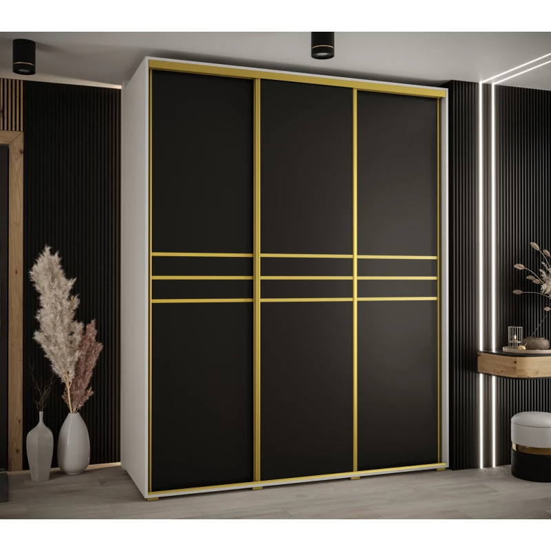 Šatní skříň YVONA 10 - 190/60 cm, bílá / černá / zlatá