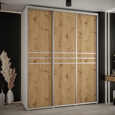 Šatní skříň YVONA 10 - 200/60 cm, bílá / dub artisan / stříbrná