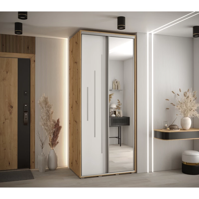 Šatní skříň YVONA 13 - 120/60 cm, dub artisan / bílá / stříbrná