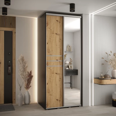 Šatní skříň YVONA 11 - 100/60 cm, černá / dub artisan / stříbrná