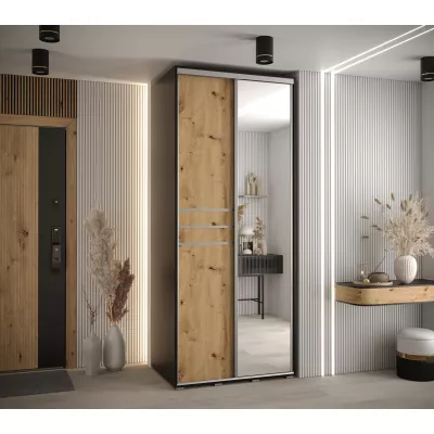 Šatní skříň YVONA 11 - 100/60 cm, černá / dub artisan / stříbrná