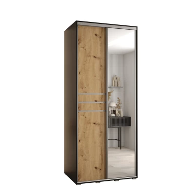 Šatní skříň YVONA 11 - 100/60 cm, černá / dub artisan / stříbrná