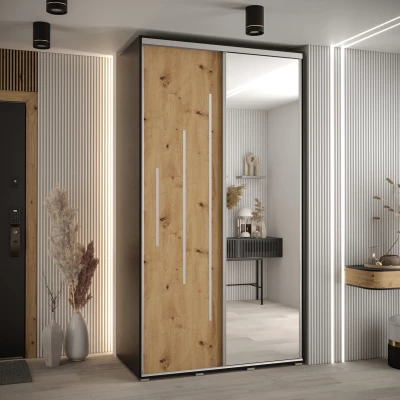 Šatní skříň YVONA 13 - 130/60 cm, černá / dub artisan / stříbrná