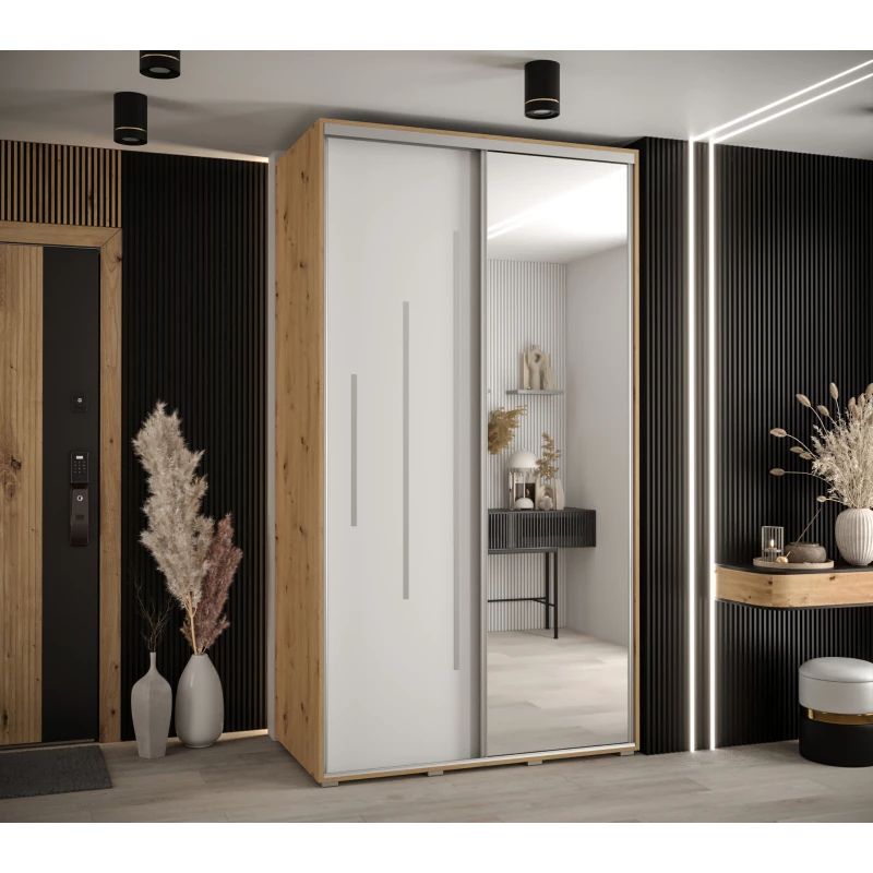 Šatní skříň YVONA 13 - 140/60 cm, dub artisan / bílá / stříbrná