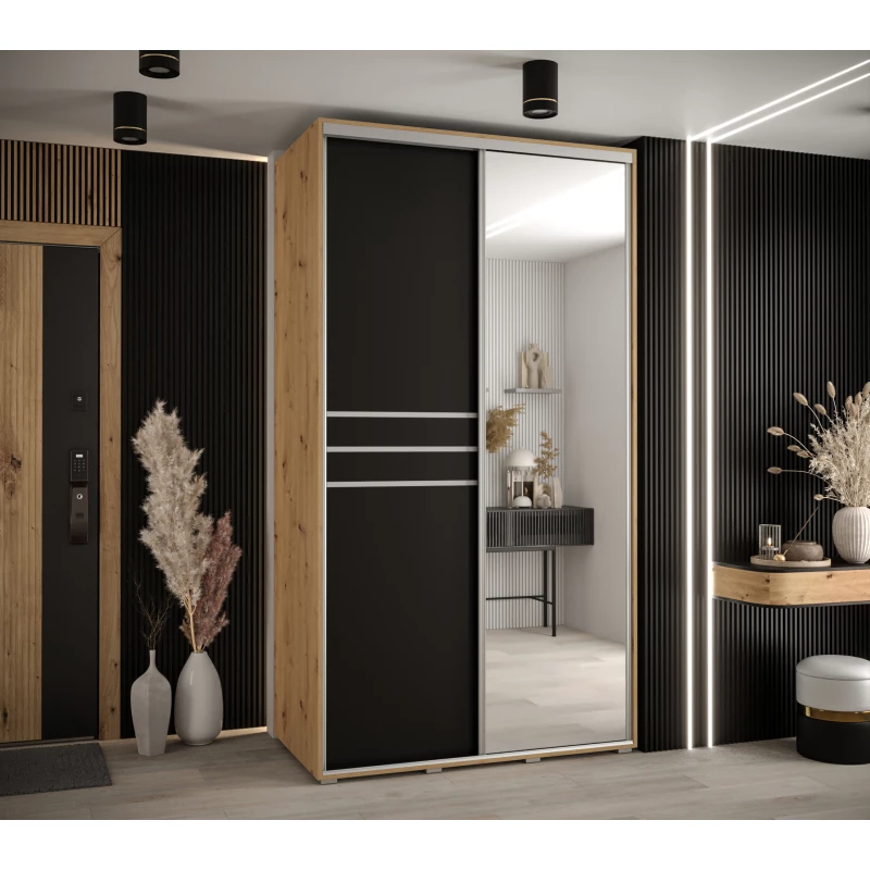 Šatní skříň YVONA 11 - 130/60 cm, dub artisan / černá / stříbrná