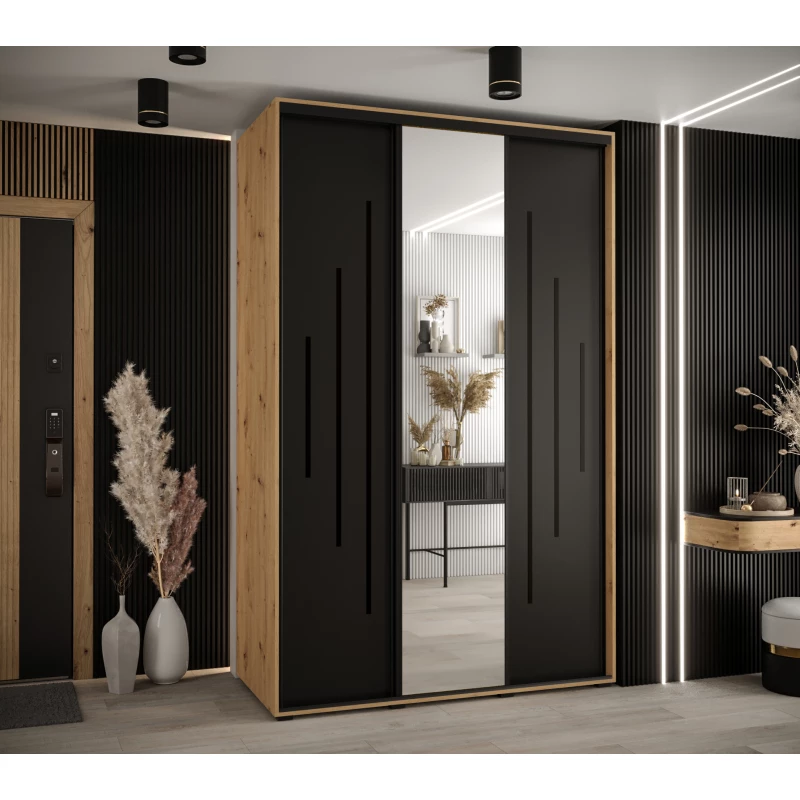 Šatní skříň YVONA 13 - 150/60 cm, dub artisan / černá / černá