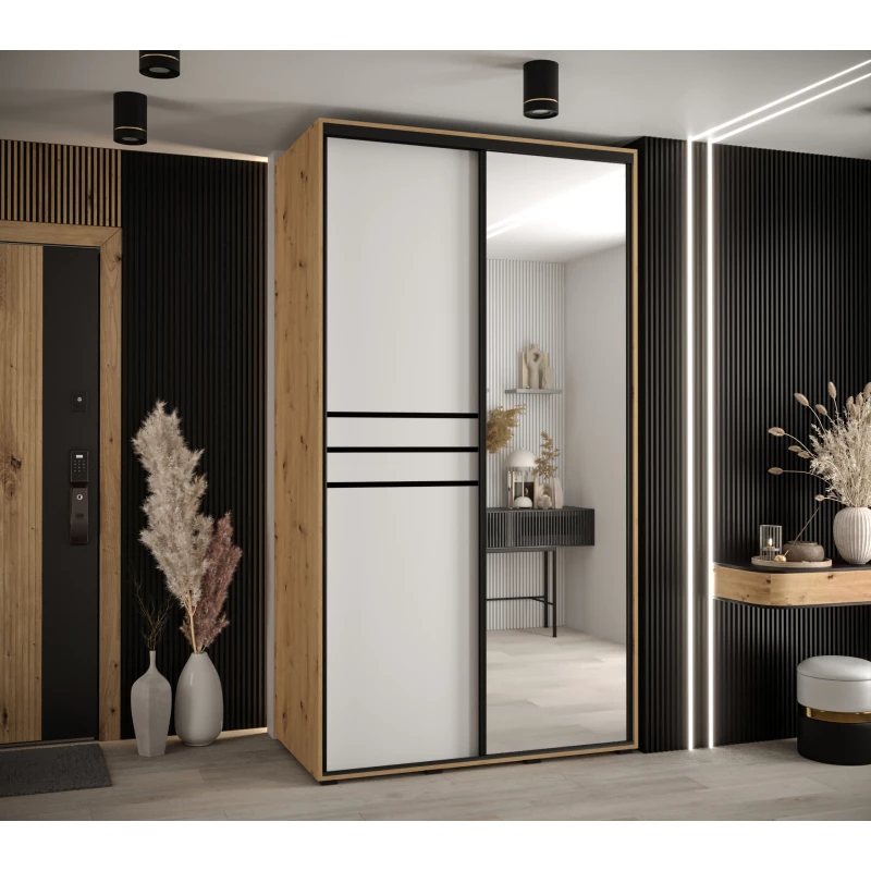 Šatní skříň YVONA 11 - 130/60 cm, dub artisan / bílá / černá