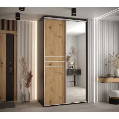 Šatní skříň YVONA 11 - 130/60 cm, černá / dub artisan / stříbrná