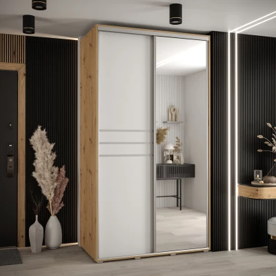 Šatní skříň YVONA 11 - 140/60 cm, dub artisan / bílá / stříbrná