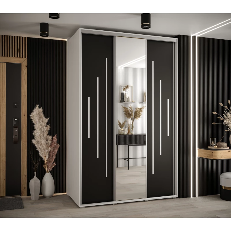 Šatní skříň YVONA 13 - 160/60 cm, bílá / černá / stříbrná