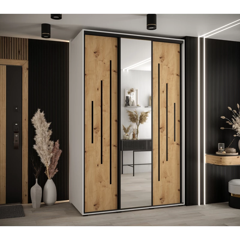 Šatní skříň YVONA 13 - 160/60 cm, bílá / dub artisan / černá