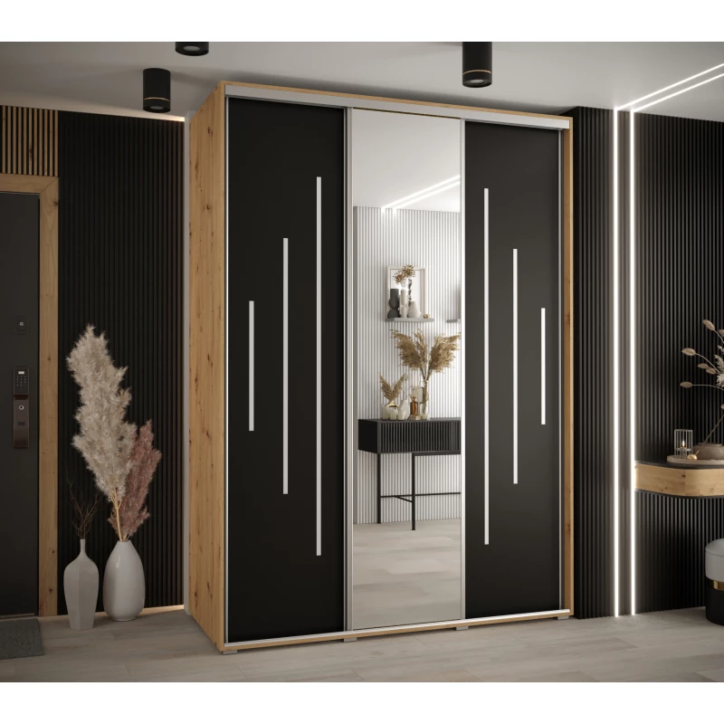 Šatní skříň YVONA 13 - 170/60 cm, dub artisan / černá / stříbrná