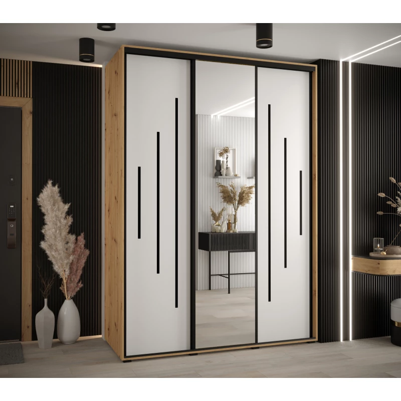 Šatní skříň YVONA 13 - 170/60 cm, dub artisan / bílá / černá