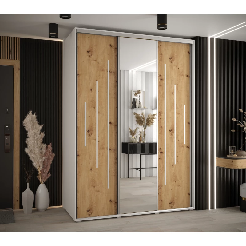 Šatní skříň YVONA 13 - 180/60 cm, bílá / dub artisan / stříbrná