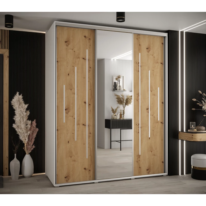 Šatní skříň YVONA 13 - 190/60 cm, bílá / dub artisan / stříbrná