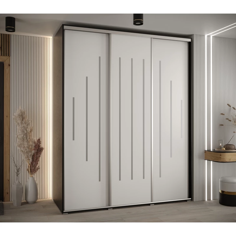 Šatní skříň YVONA 12 - 200/60 cm, černá / bílá / stříbrná