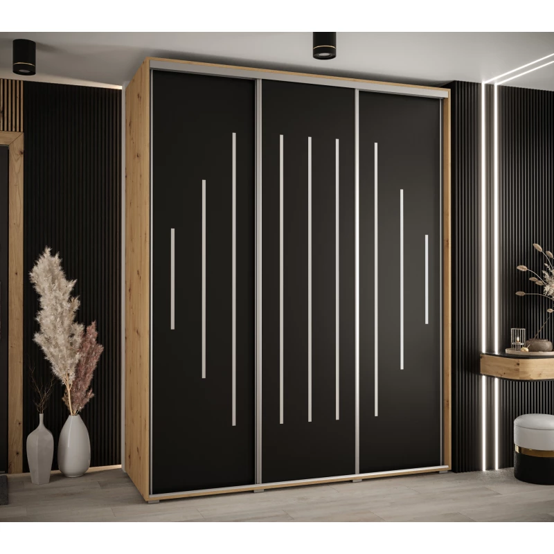 Šatní skříň YVONA 12 - 190/60 cm, dub artisan / černá / stříbrná