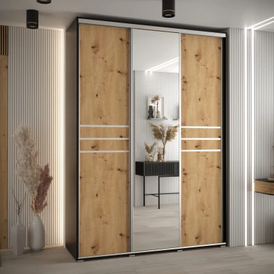 Šatní skříň YVONA 11 - 170/60 cm, černá / dub artisan / stříbrná