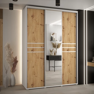 Šatní skříň YVONA 11 - 170/60 cm, bílá / dub artisan / stříbrná