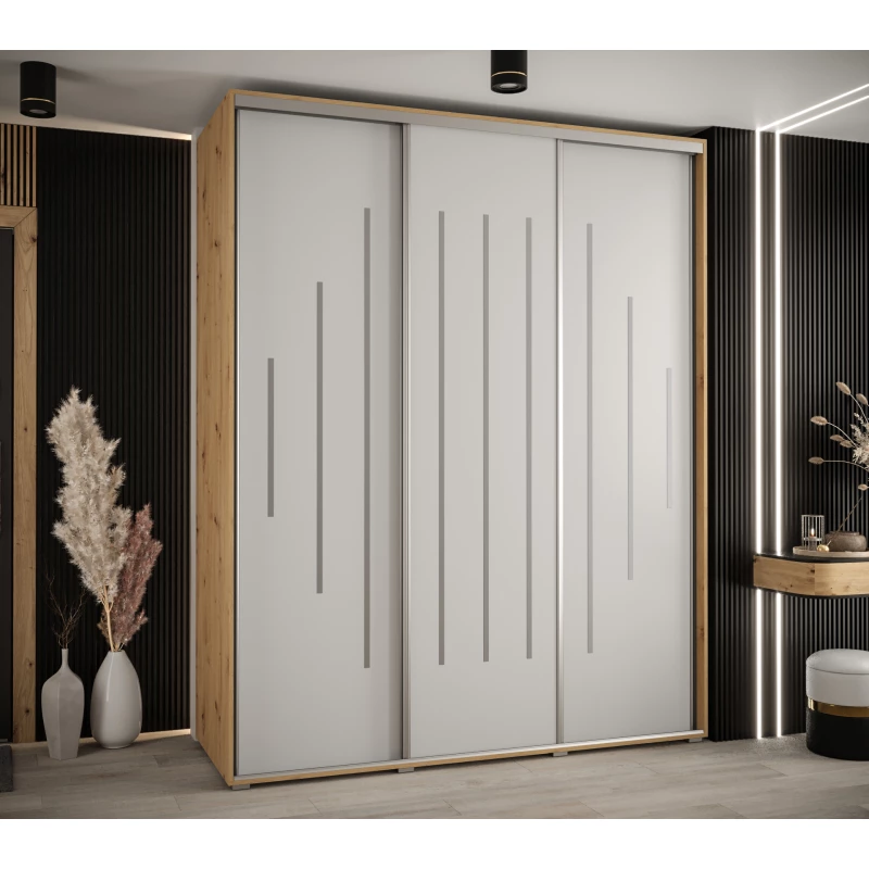 Šatní skříň YVONA 12 - 190/60 cm, dub artisan / bílá / stříbrná