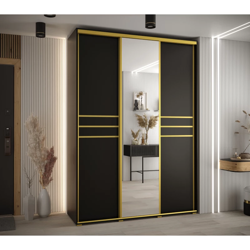 Šatní skříň YVONA 11 - 180/60 cm, černá / zlatá