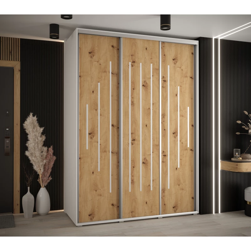 Šatní skříň YVONA 12 - 180/60 cm, bílá / dub artisan / stříbrná