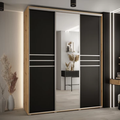 Šatní skříň YVONA 11 - 190/60 cm, dub artisan / černá / stříbrná