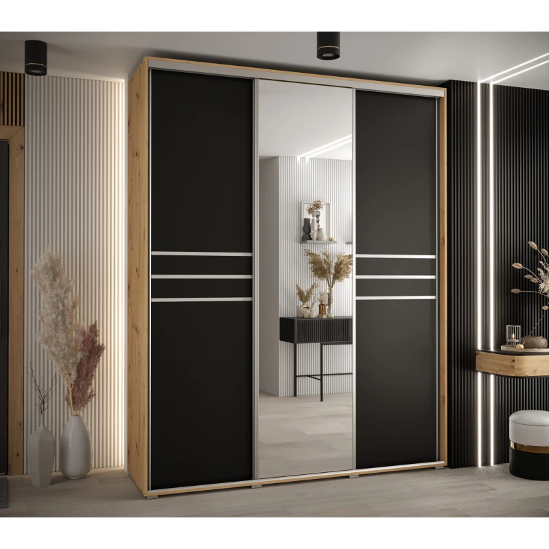 Šatní skříň YVONA 11 - 190/60 cm, dub artisan / černá / stříbrná