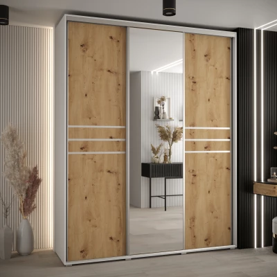 Šatní skříň YVONA 11 - 190/60 cm, bílá / dub artisan / stříbrná