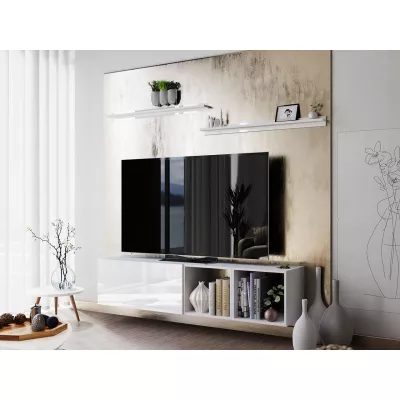 Závěsný TV stolek SALADO - bílý / lesklý bílý + 2x police ZDARMA