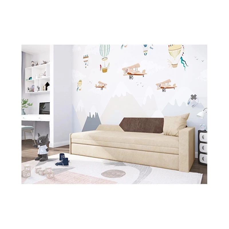 Rozkládací pohovka s úložným prostorem BUFFY - krémová / hnědá, pravá opěrka