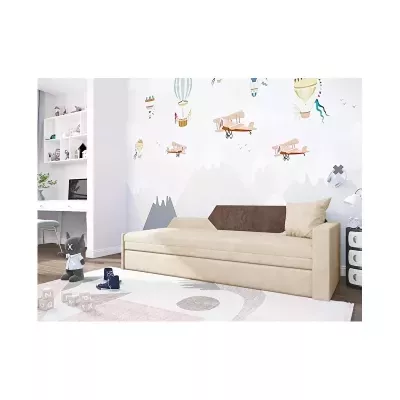 Rozkládací pohovka s úložným prostorem BUFFY - krémová / hnědá, pravá opěrka